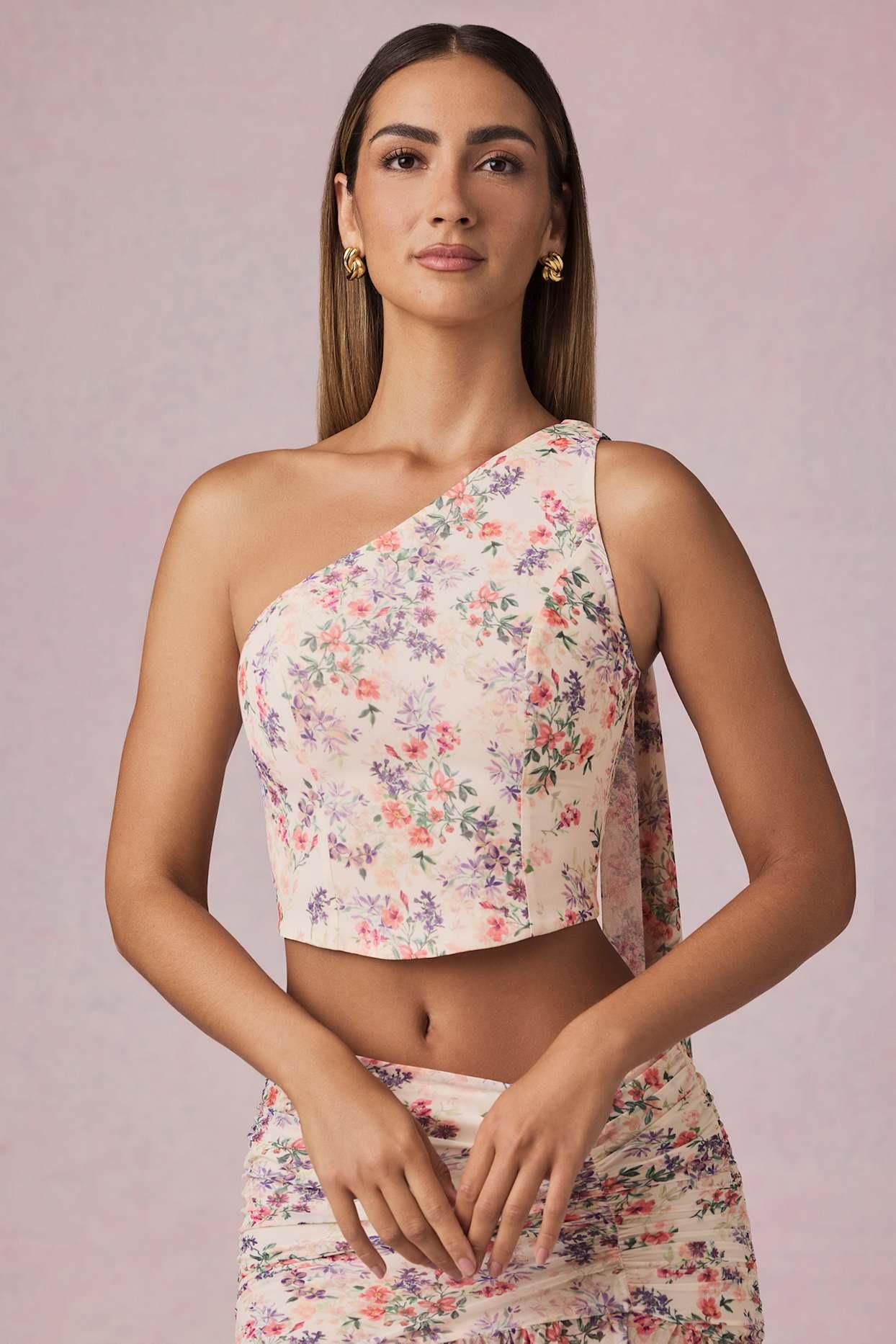 Scarf-Detail One-Shoulder Top in Primrose Floral Print Product Image