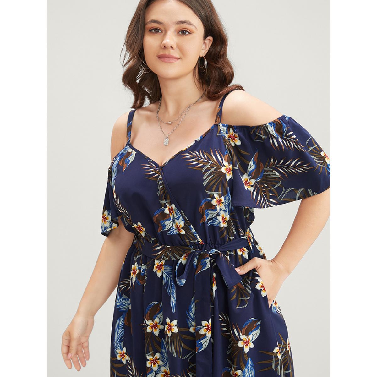 Plus Size Floral Cold Shoulder Pocket Ruffle Belted High Low Hem Dress DarkBlue Women Vacation Adjustable Straps Cold Shoulder Short sleeve Curvy Midi Dress BloomChic 10/M Product Image