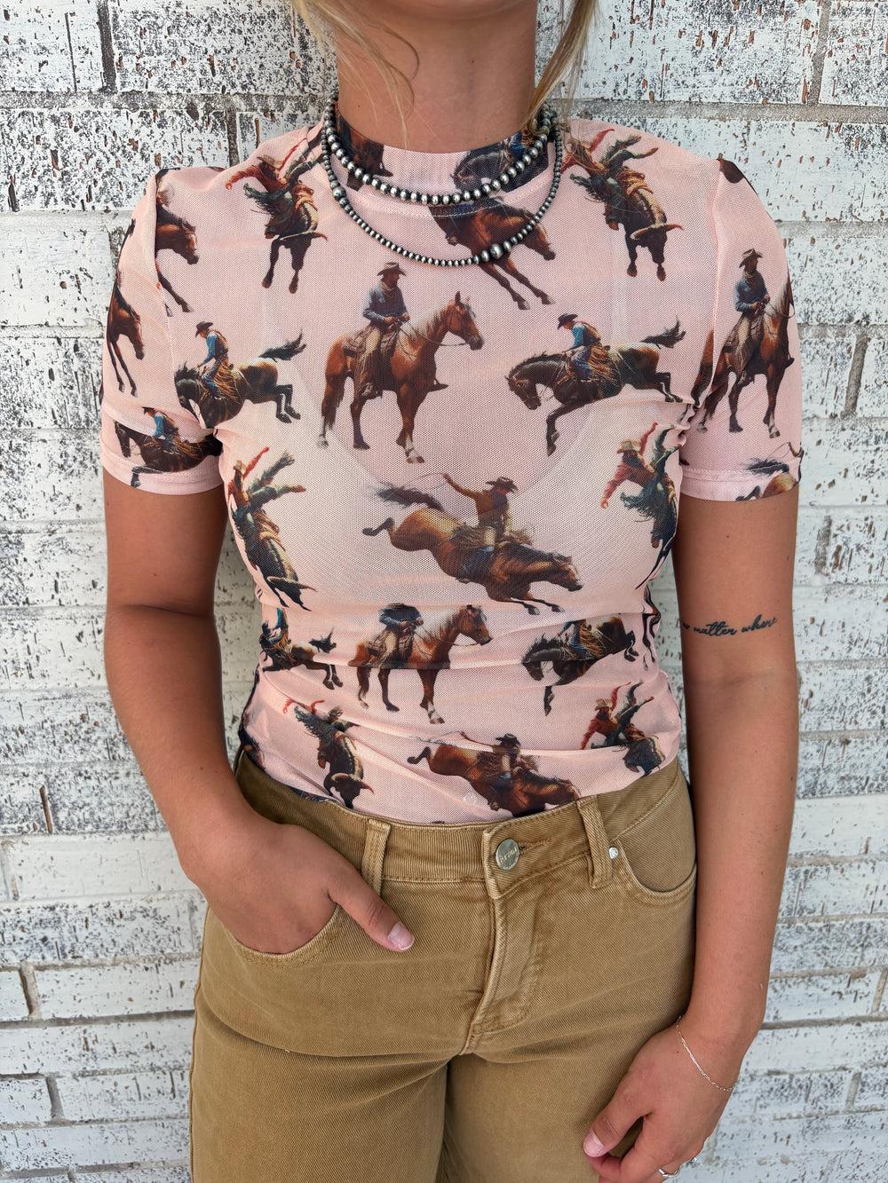 L&B Peach Horse Short Sleeve Mesh Top Product Image