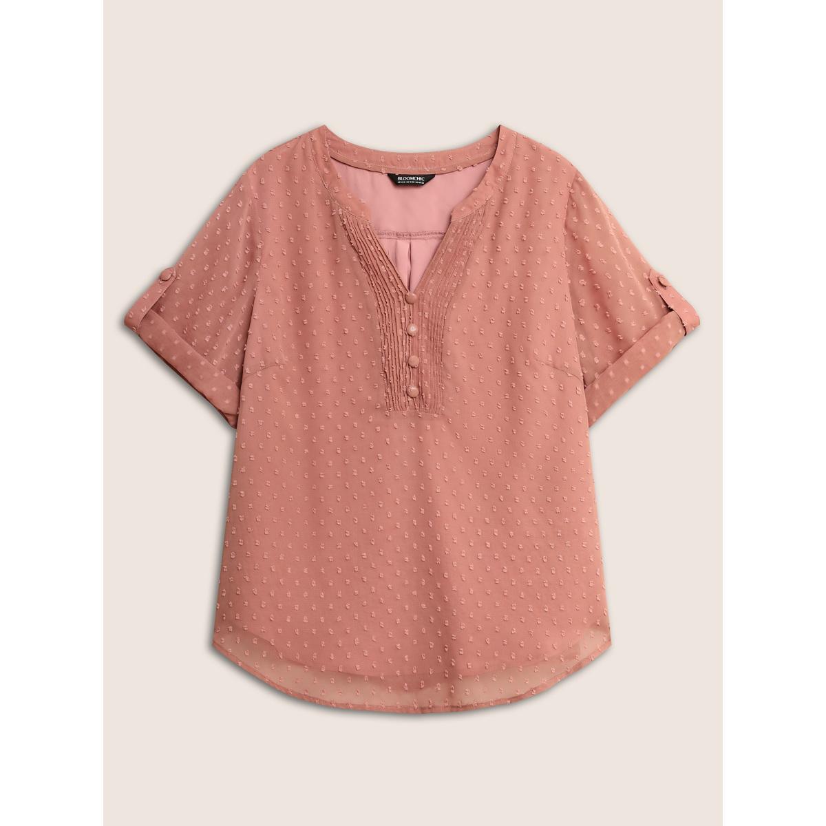 Plus Size DustyPink Chiffon Plain Textured Pleated Tab Sleeve Blouse Women At the Office Elbow-length sleeve Shirt collar Work Blouses BloomChic 14-16/1X Product Image