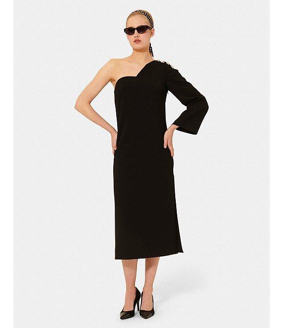 Tara Jarmon Renee Crepe Woven Asymmetrical Sweetheart Neck Single Long Sleeve Midi Sheath Dress Product Image