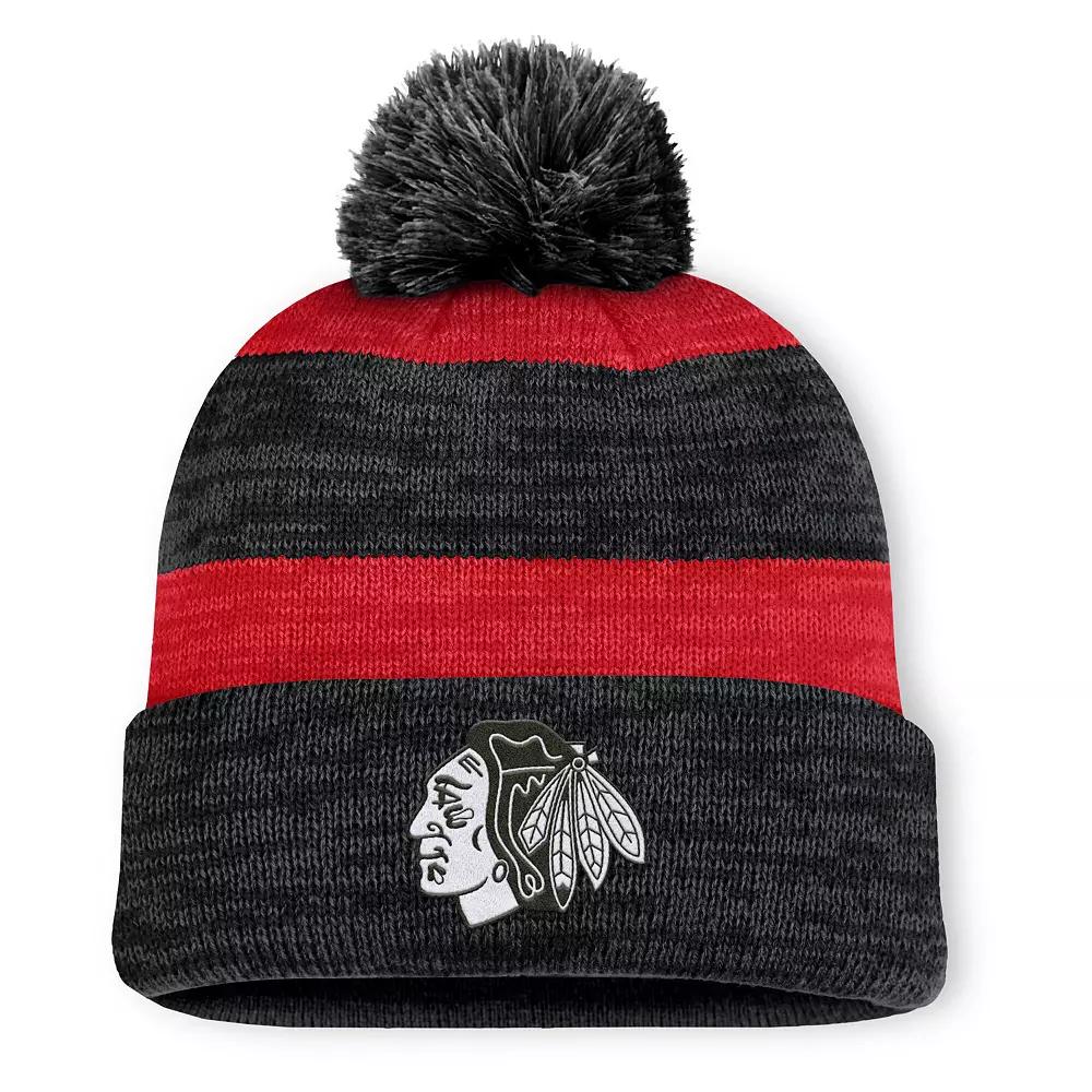 Men's Fanatics Black Chicago Blackhawks Fundamental Red Line Cuffed Knit Hat with Pom Product Image