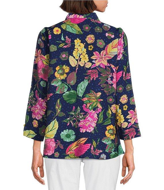 Ali Miles Tropical Printed Crinkle Point Collar 3/4 Sleeve Button Front Tunic Product Image