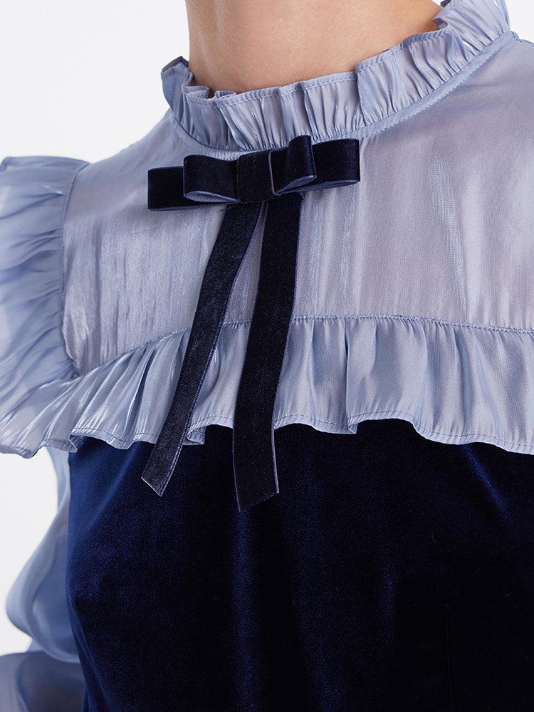 Ruffle Collar Velvet Patchwork Midi Collared Dress Product Image