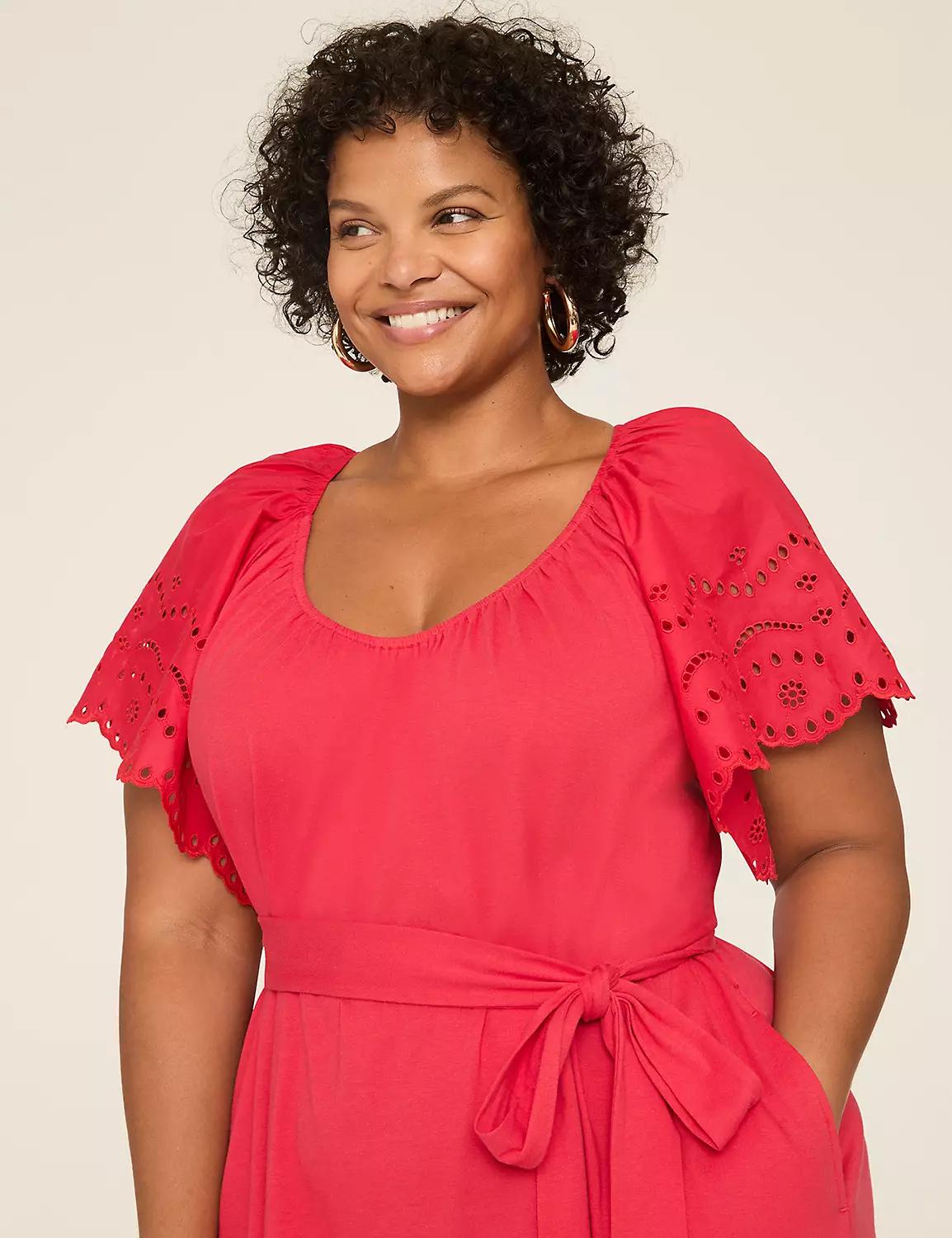 Eyelet-Sleeve Tie-Waist Dress Product Image