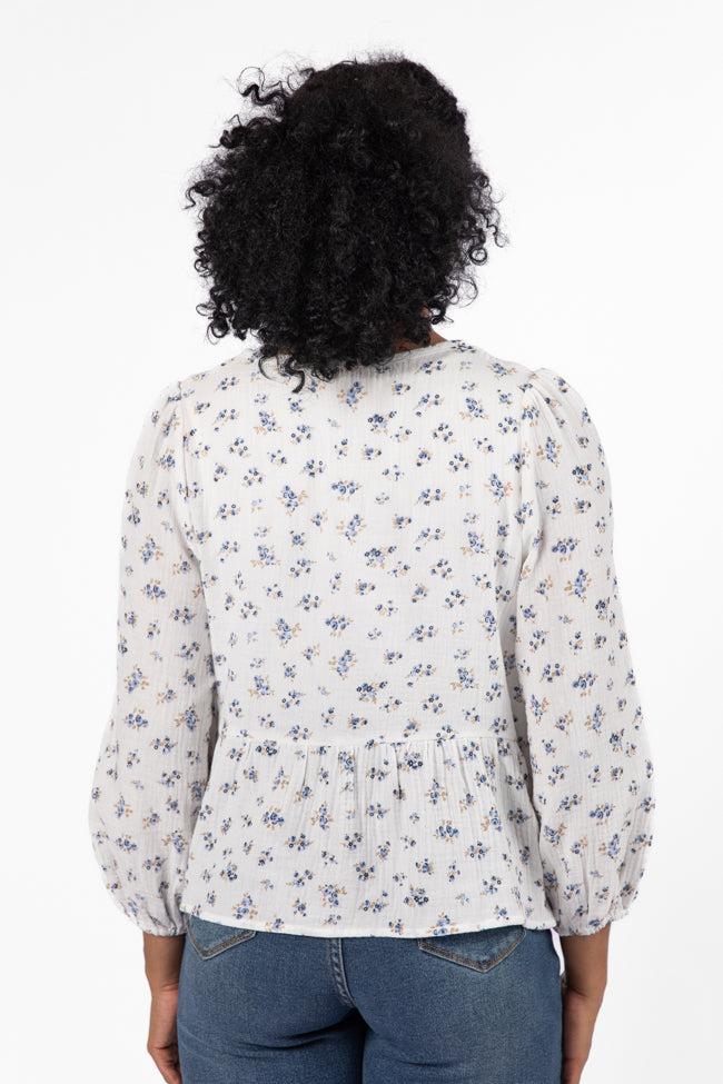 Close To Me Ivory and Blue Bow Detail Floral Blouse FINAL SALE Product Image