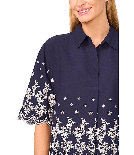 CeCe Woven Collared V-Neck Short Sleeve Floral Embroidered Button Down Shirt Product Image