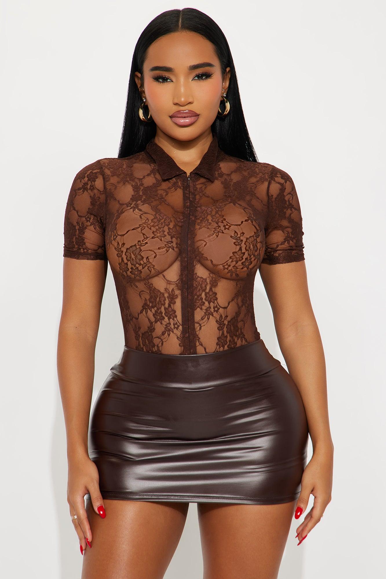 Timea Short Sleeve Lace Bodysuit - Brown Female Product Image
