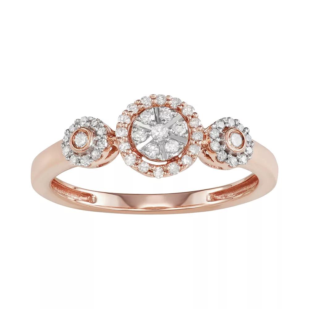 10k Rose Gold 1/4 Carat T.W. Diamond 3-Stone Halo Engagement Ring, Women's, Size: 9, 10k Pink Product Image