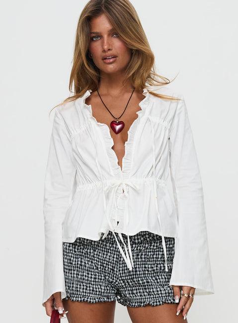 Harloe Ruched Tie Up Long Sleeve Top White Product Image