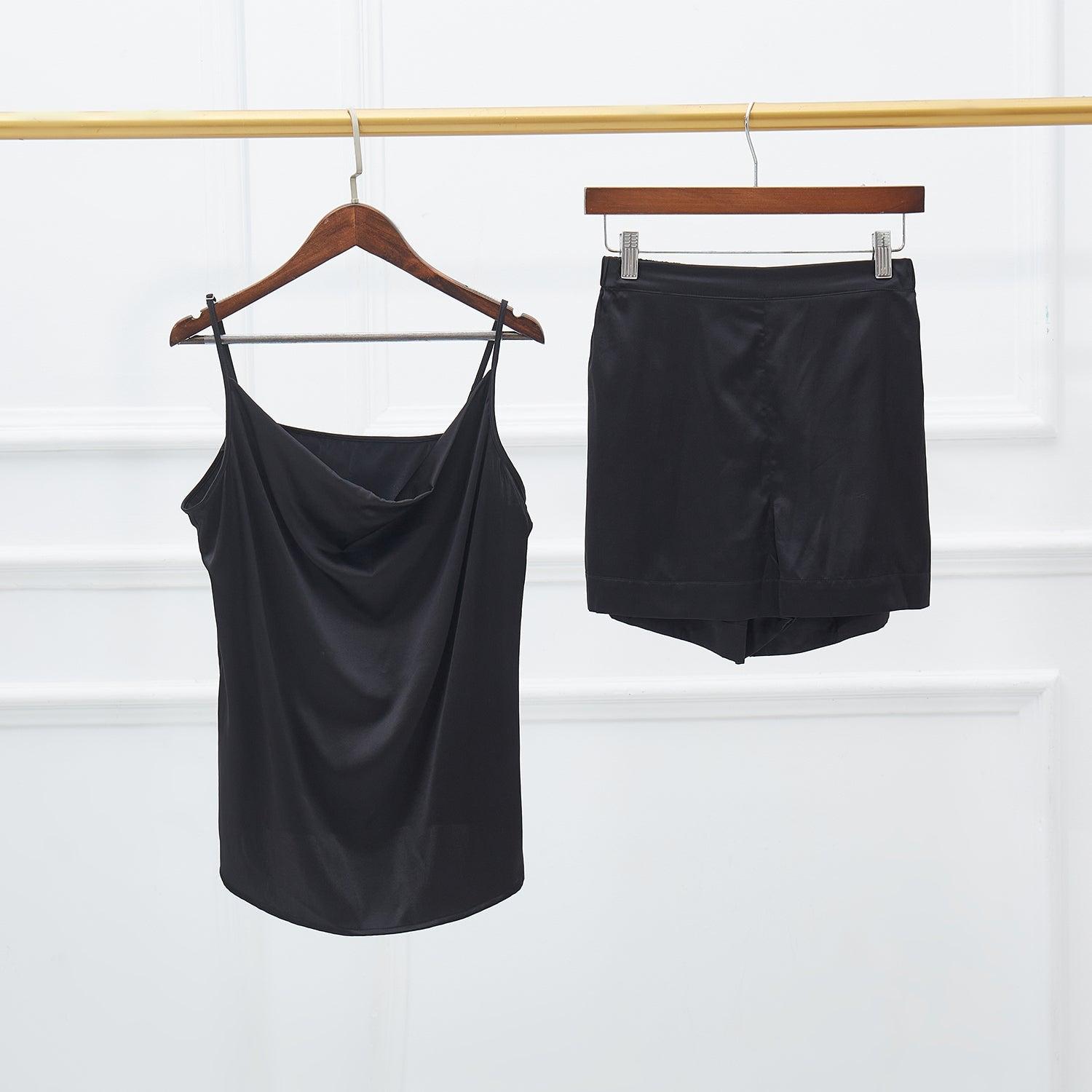 Black Pure Mulberry Silk Cowl Neck Camisole | High Waist Shorts | Lingerie Set | Spaghetti Strap Top | Bridesmaids Gift | Soar Collection Product Image