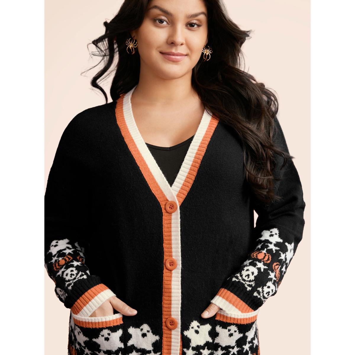 Plus Size Supersoft Essentials Happy Hauntings Contrast Placket Cardigan Black Women Casual Loose Long Sleeve Everyday Cardigans BloomChic 14-16/1X Product Image