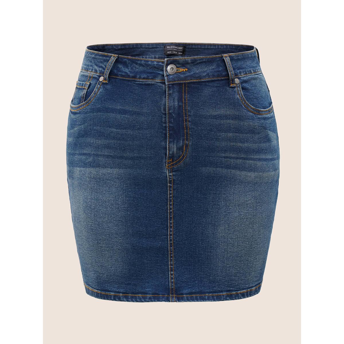 Plus Size Vintage Dark Wash Button Up Bodycon Denim Skirt Women Blue Everyday Non High stretch Dark Wash 14/1X Slanted pocket Elegant Denim Skirts BloomChic Product Image