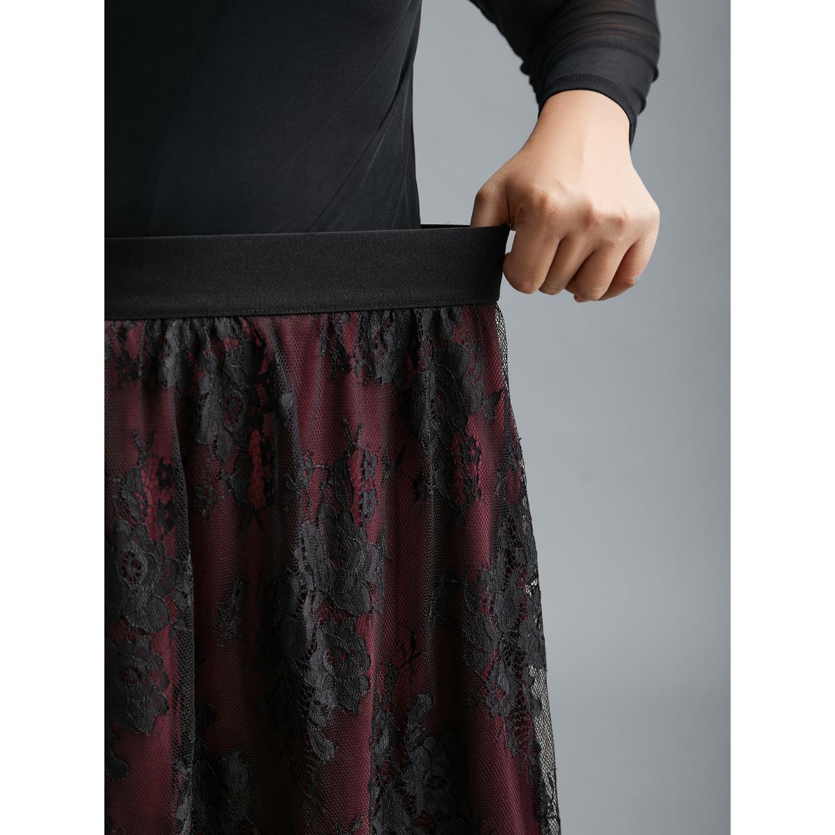 Plus Size Floral Crochet Lace Mesh Stretchy Skirt Women Deepred Elegant Tiered Low stretch Side seam pocket Everyday Skirts BloomChic 18-20/2X Product Image