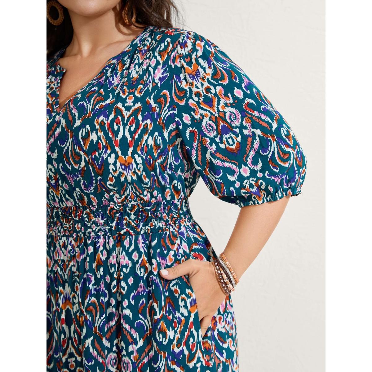 Plus Size Abstract Print Shirred Waist Midi Dress Aegean Women Boho Flat collar with V-notch Half Sleeve Curvy BloomChic 28/5X Product Image