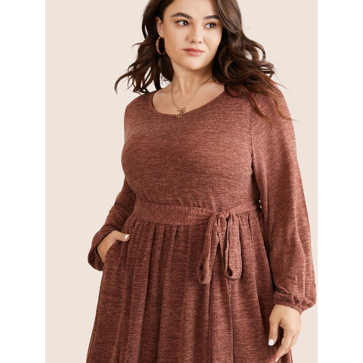 Plus Size Solid Belted Elastic Cuffs Jacquard Dress Rust Women Casual Elastic cuffs Round Neck Long Sleeve Curvy Midi Dress BloomChic 10/M Product Image