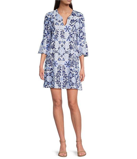 Jude Connally Kerry French Tile White Print Split V-Neck 3/4 Bell Sleeve Knit Shift Dress Product Image