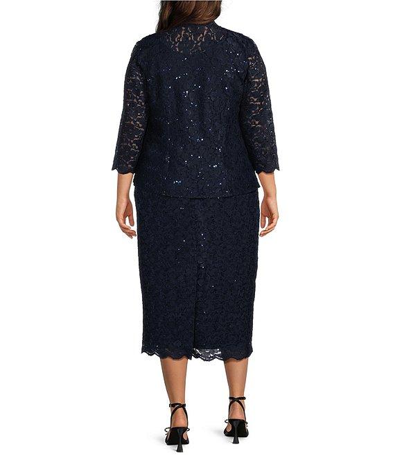 Ignite Evenings Plus Size Scalloped Sequin Lace Square Neck 3/4 Sleeve 2-Piece Jacket Dress Product Image