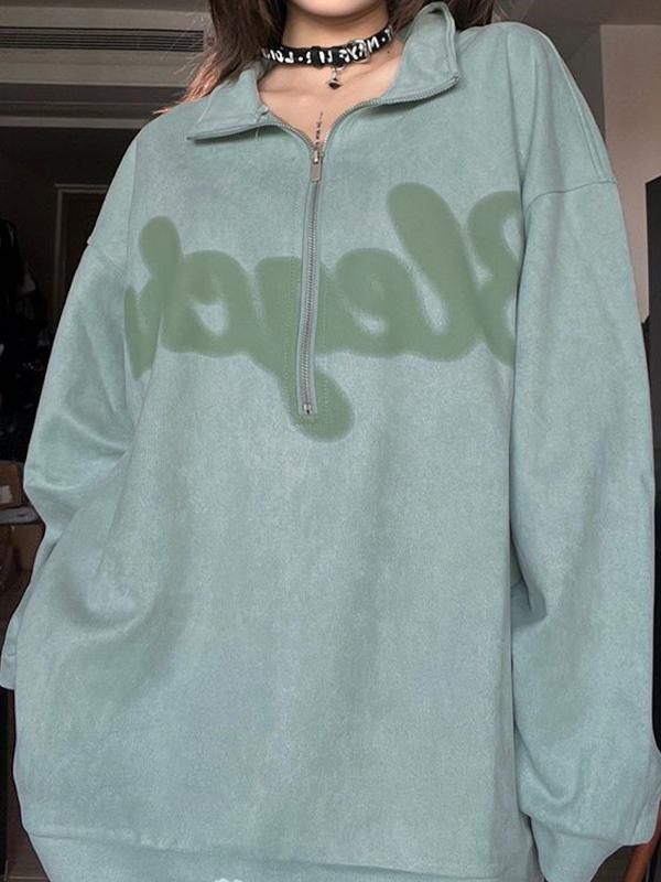 Vintage Suede Letter Print Half Zip Sweatshirt Product Image