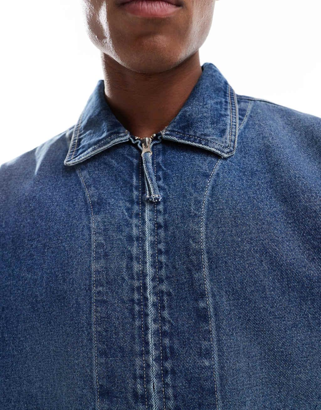ASOS DESIGN harrington jacket in mid wash blue Product Image