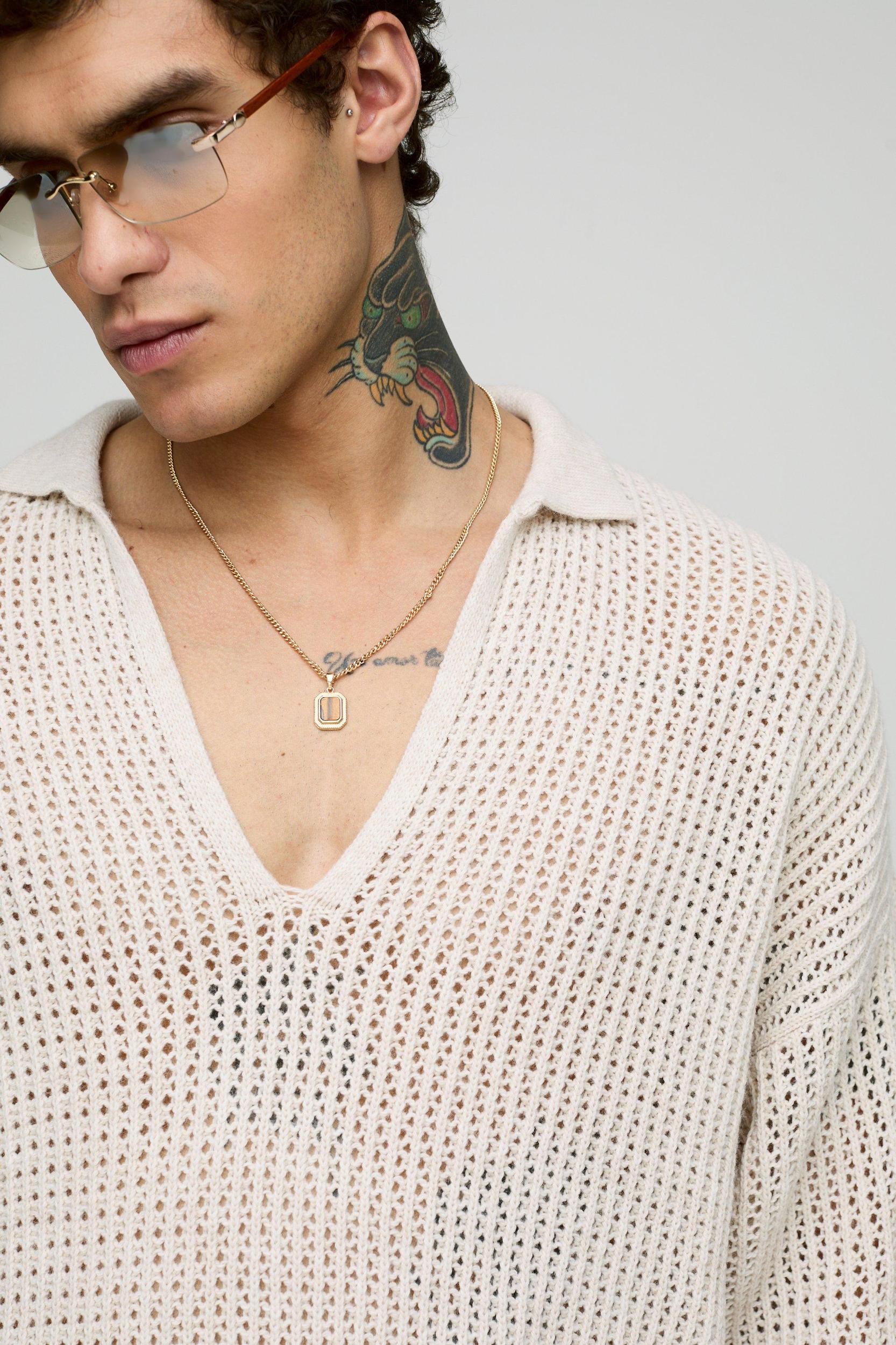 Oversized Open Stitch Knitted V Neck Polo | boohooMAN USA Product Image