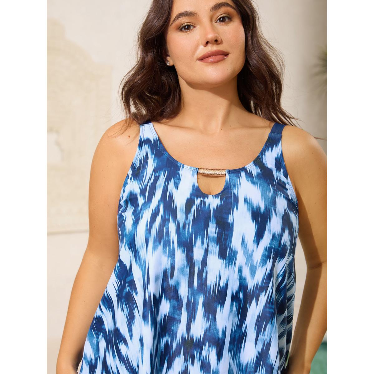 Plus Size Tie-Dye Like Neck Cut-Out Swim Top Women's Swimwear Indigo Resort High stretch Bodycon U-neck Curve Swim Tops BloomChic 12/L Product Image