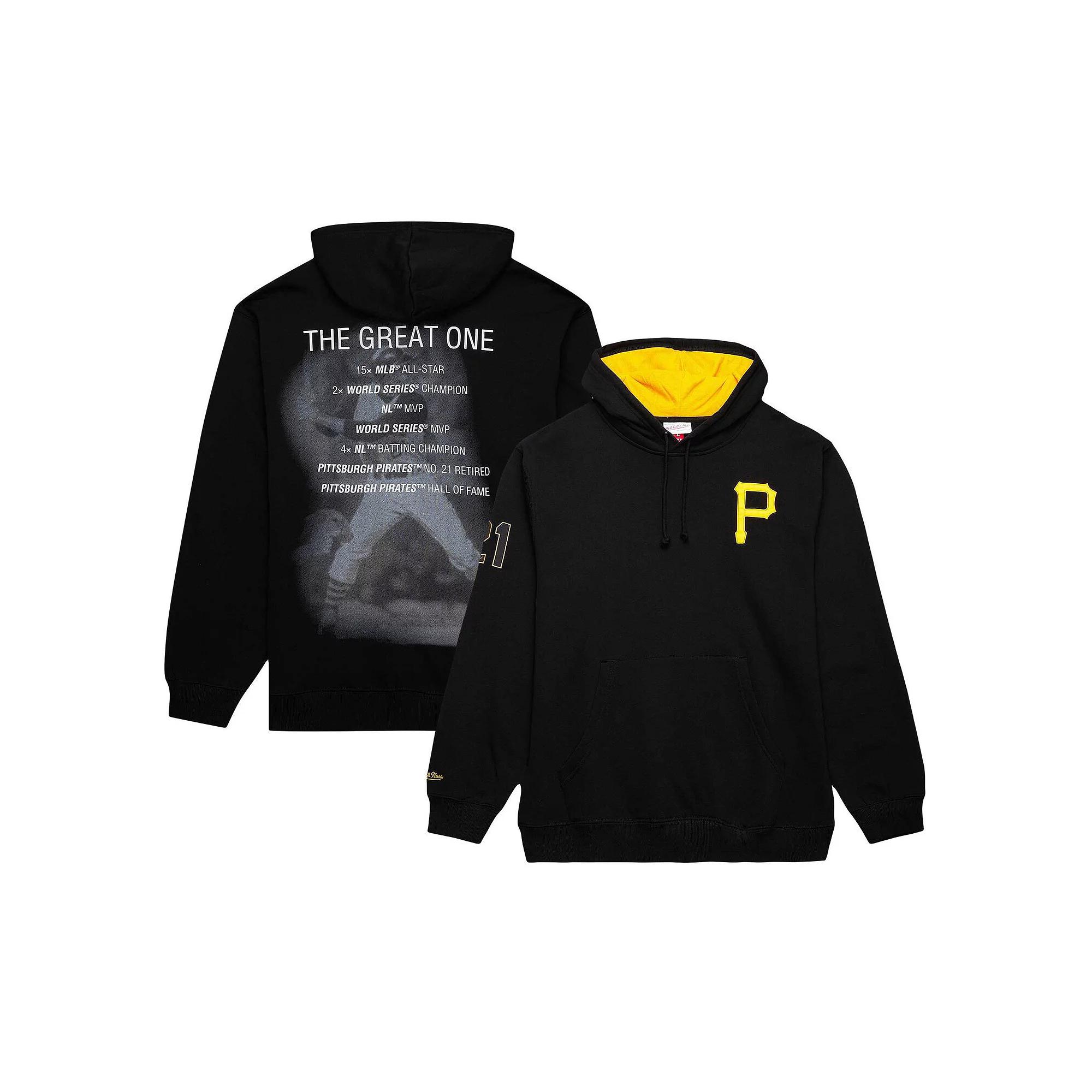 Men's Mitchell & Ness Roberto Clemente Black Pittsburgh Pirates Vintage Logo Name & Number Pullover Hoodie, Size: Medium Product Image