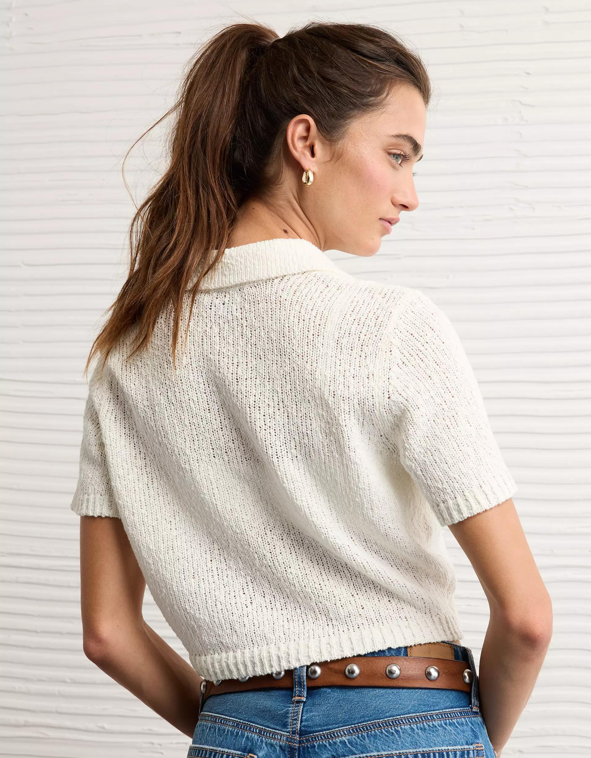 AE Short-Sleeve Collared Button-Up Cardigan Product Image