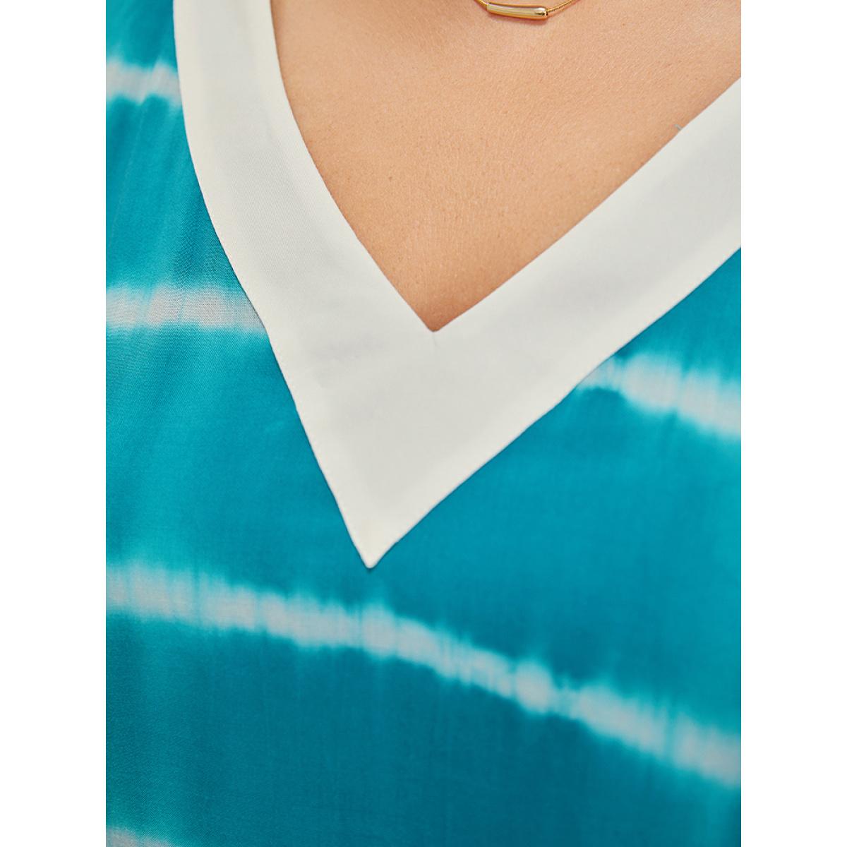 Plus Size Cerulean Tie Dye Contrast Trim Striped Blouse Women Vacation Short sleeve V-neck Dailywear Blouses BloomChic 22-24/3X Product Image