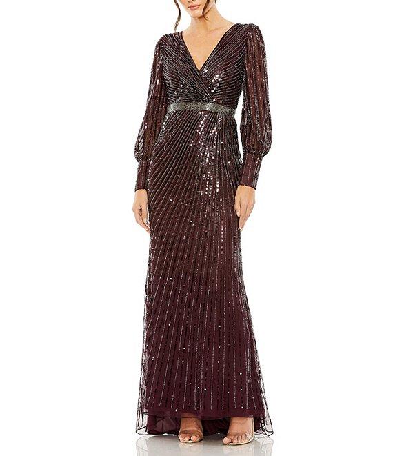 Mac Duggal Sequin Surplice V-Neck Long Bishop Sleeve Wrap Over Gown Product Image