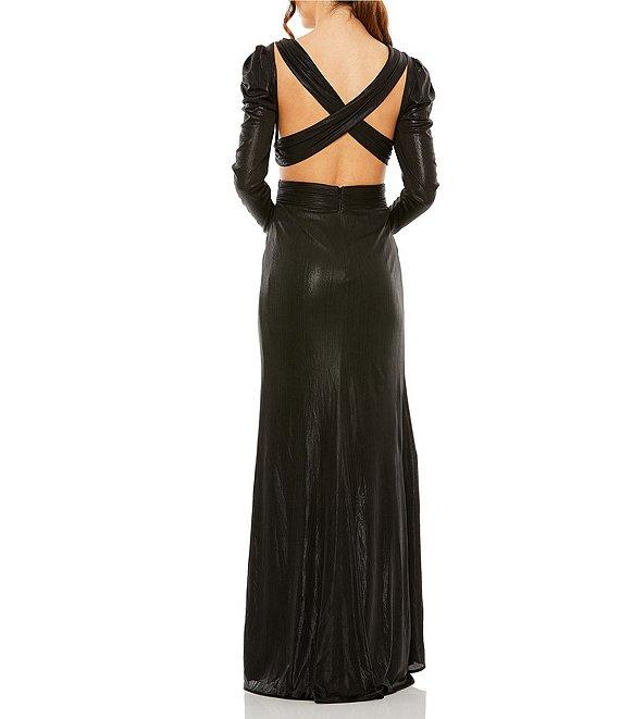 Mac Duggal Long Sleeve V-Neck Cut Out Metallic Gown Product Image