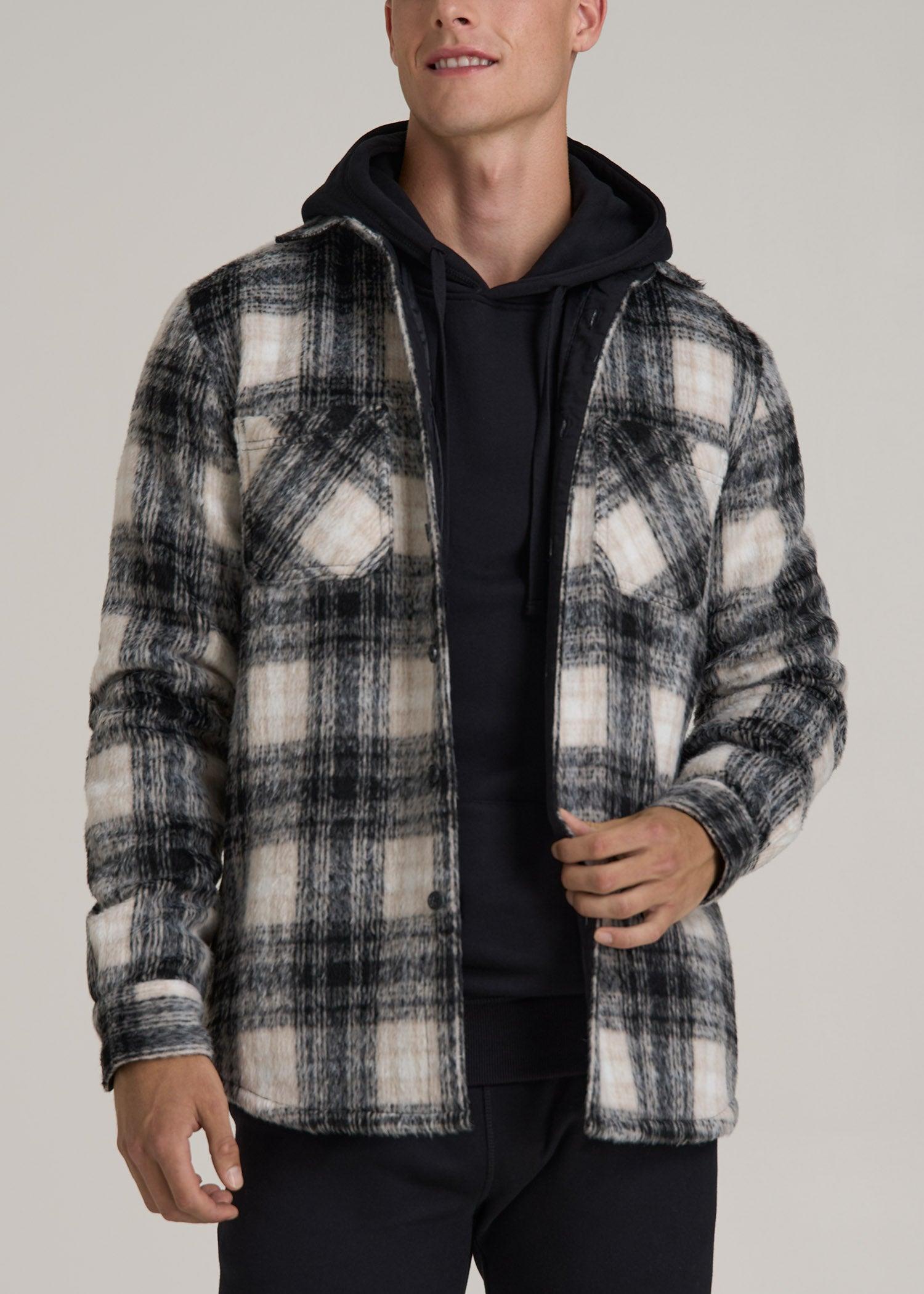 Brushed Flannel Overshirt for Tall Men in Ecru and Black Plaid Product Image