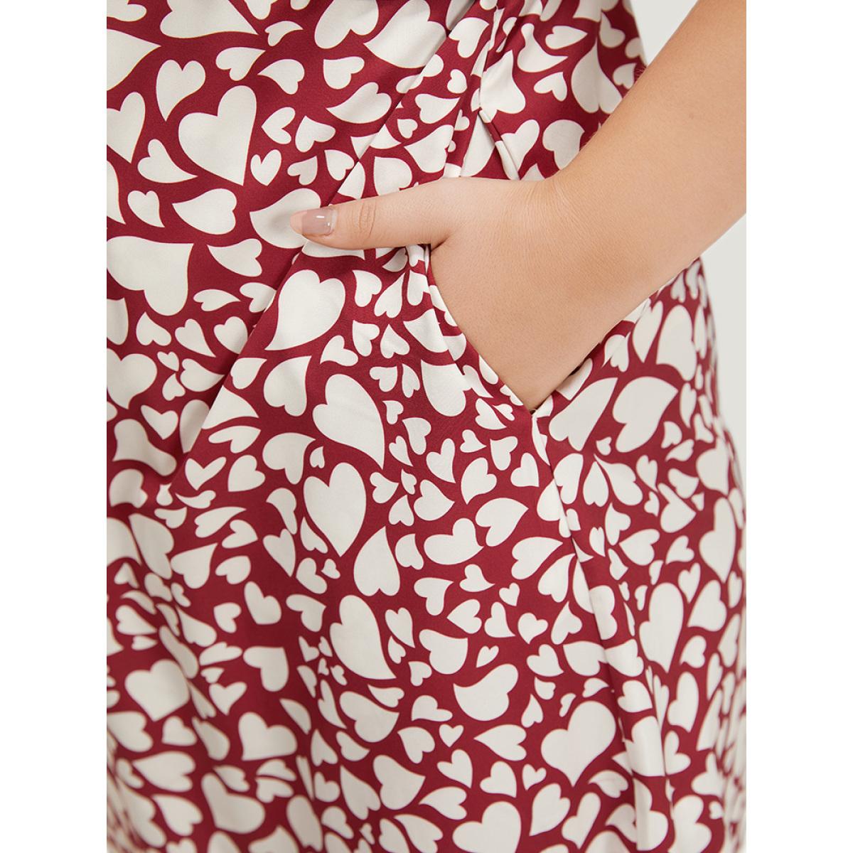 Plus Size Heart Print V Neck Crossover Pocket Dresse Red Women Elegant Slit V-neck Short sleeve Curvy Midi Dress BloomChic 18-20/2X Product Image