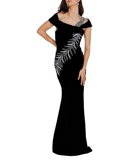 Terani Couture Off-the-Shoulder Short Sleeve Side Slit Cascading Leaf Bead Mermaid Gown Product Image