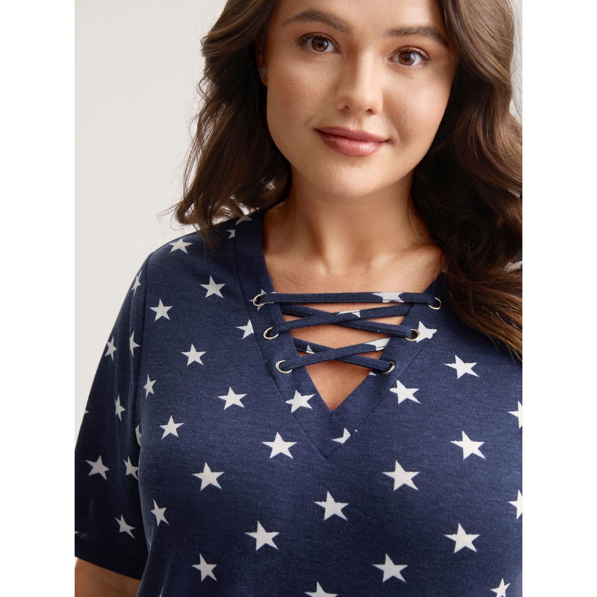 Plus Size Star Print Crisscross Neck Tie T-Shirt Navy Women Leisure Eyelet V-neck Casual T-shirts BloomChic 14-16/1X Product Image
