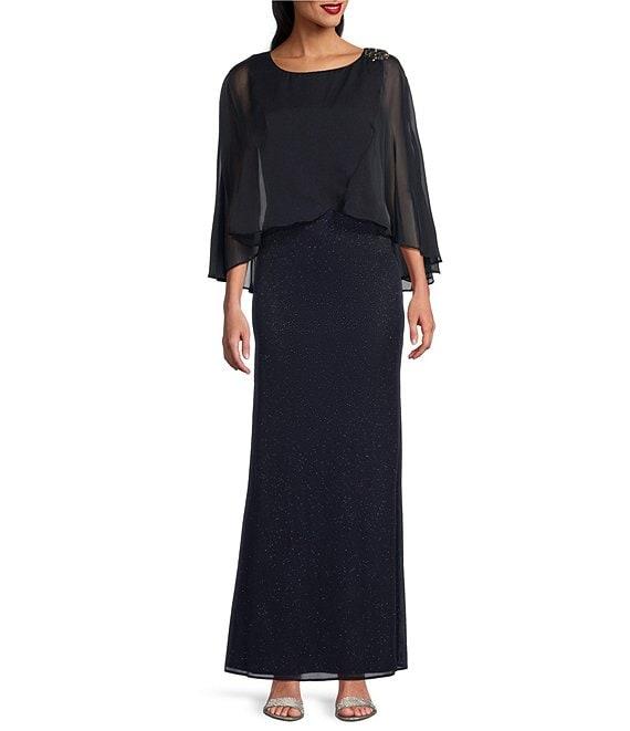 Ignite Evenings Long Sleeve Glitter Mesh Tulip Overlay Dress Product Image