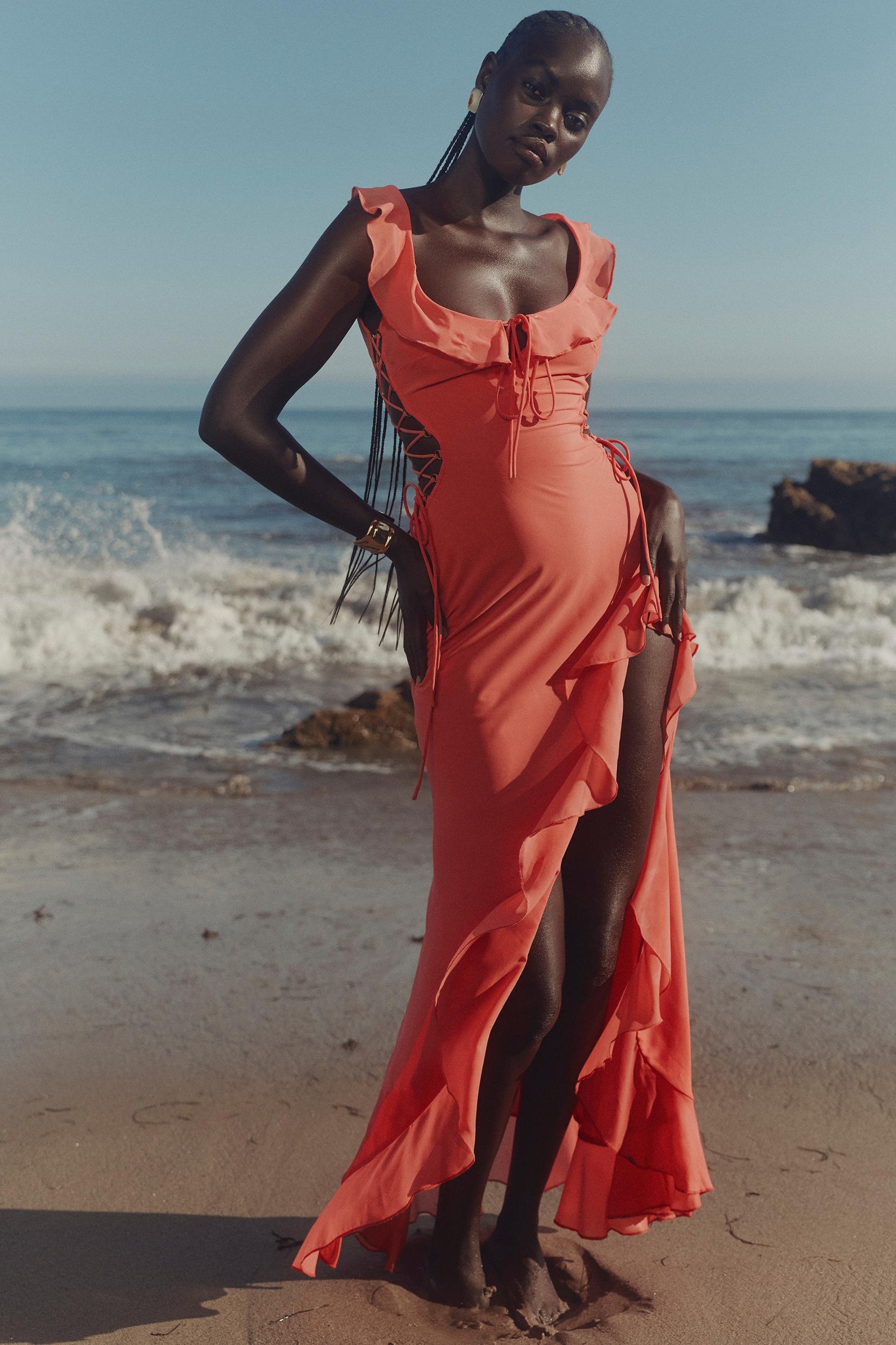 Aloura  coral georgette ruffle maxi dress Product Image