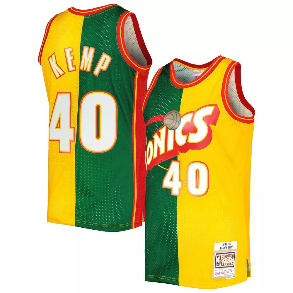 Men's Mitchell & Ness Shawn Kemp Green/Gold Seattle SuperSonics Hardwood Classics 1995-96 Split Swingman Jersey, Size: Large, Nba Green Product Image