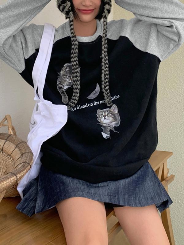 Cat Print Raglan Fleece Oversized Hoodie Product Image