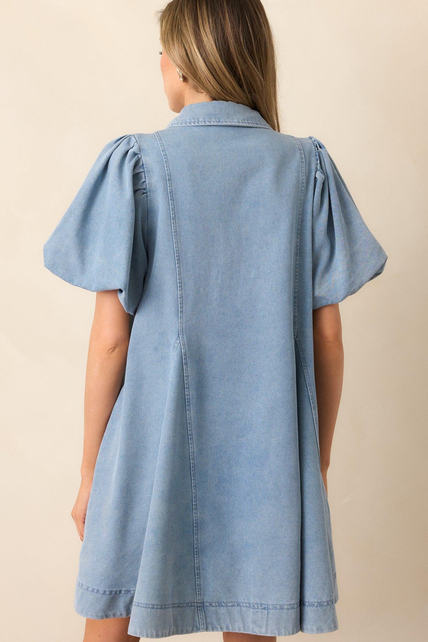 More Or Less Light Wash Cotton Denim Puff Sleeve Mini Dress Product Image
