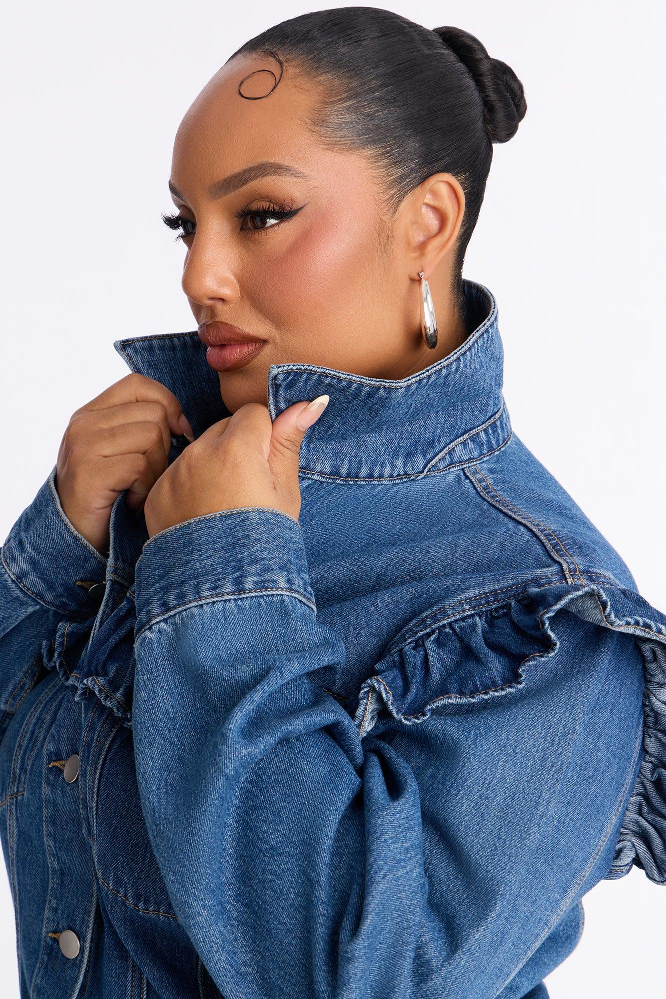Scandi Ruffled Denim Jacket - Dark Wash Female Product Image