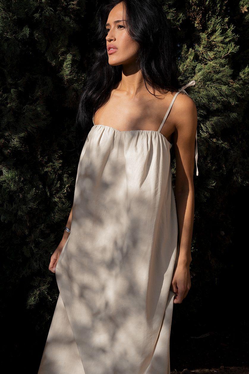 Linen Blend Tie Strap Midi Dress Product Image