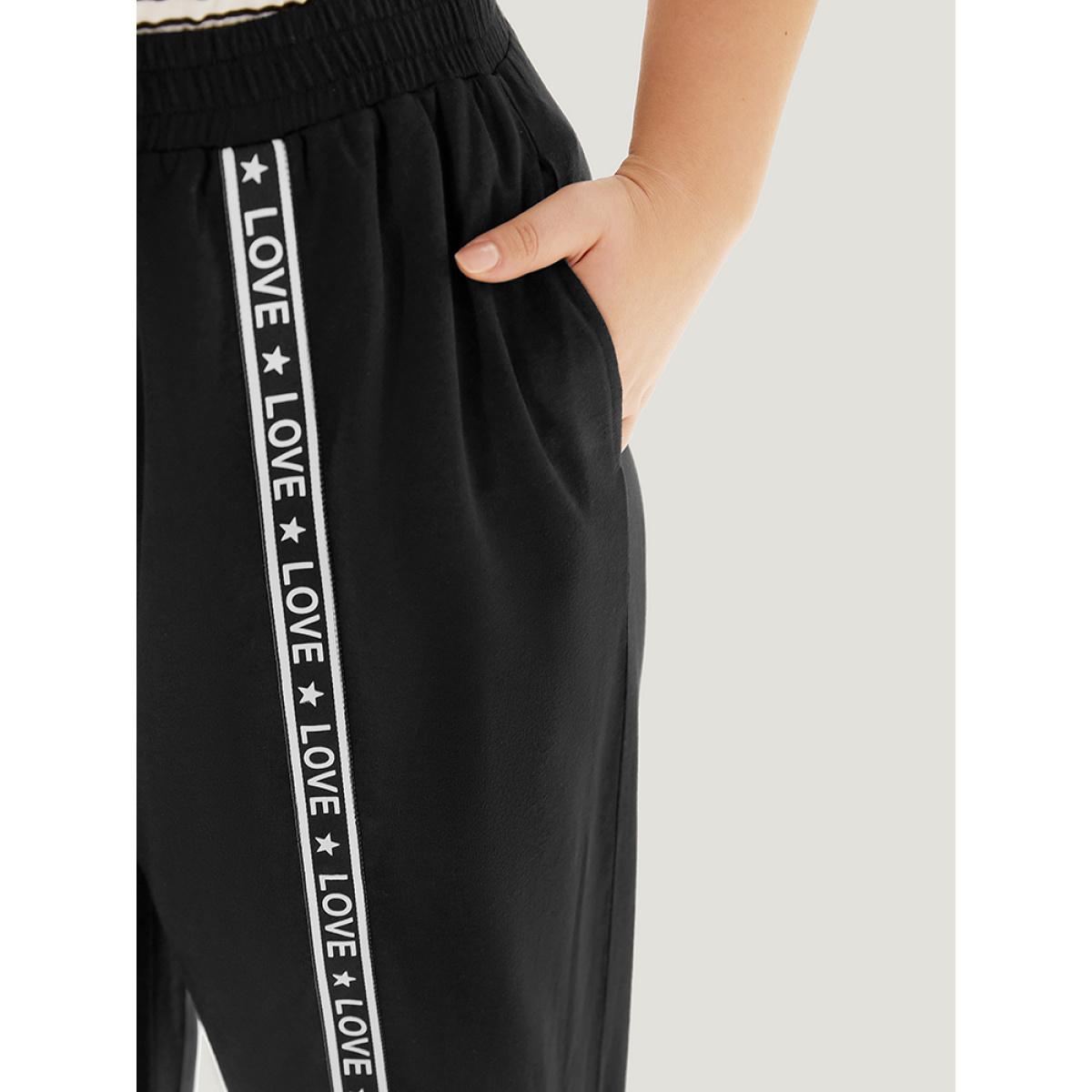 Plain Pocket Contrast Webbing Sweatpants Black Plus Size Women Casual Dailywear Plain 14-16/1X Bloomchic Product Image