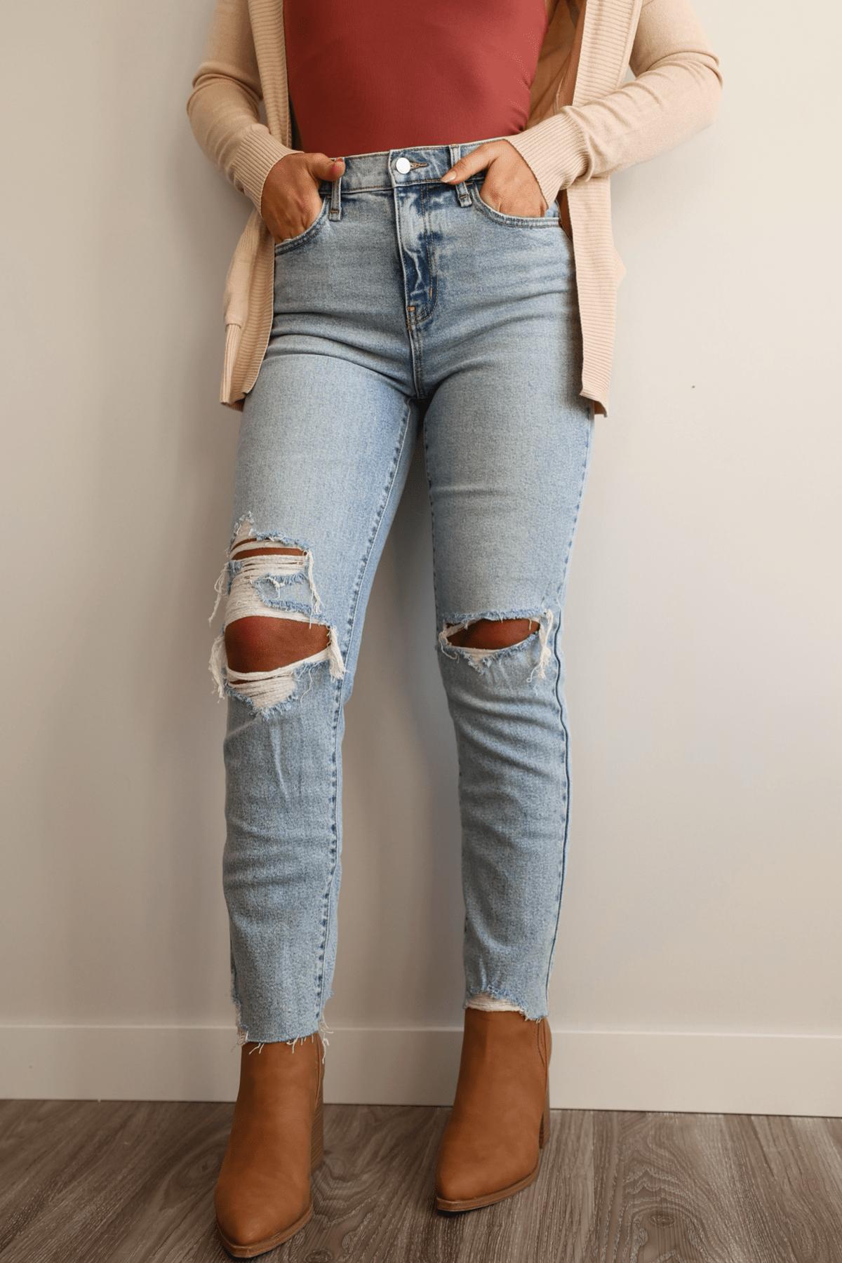 Light Wash High Rise Distressed Straight Leg Jeans - FINAL SALE Product Image