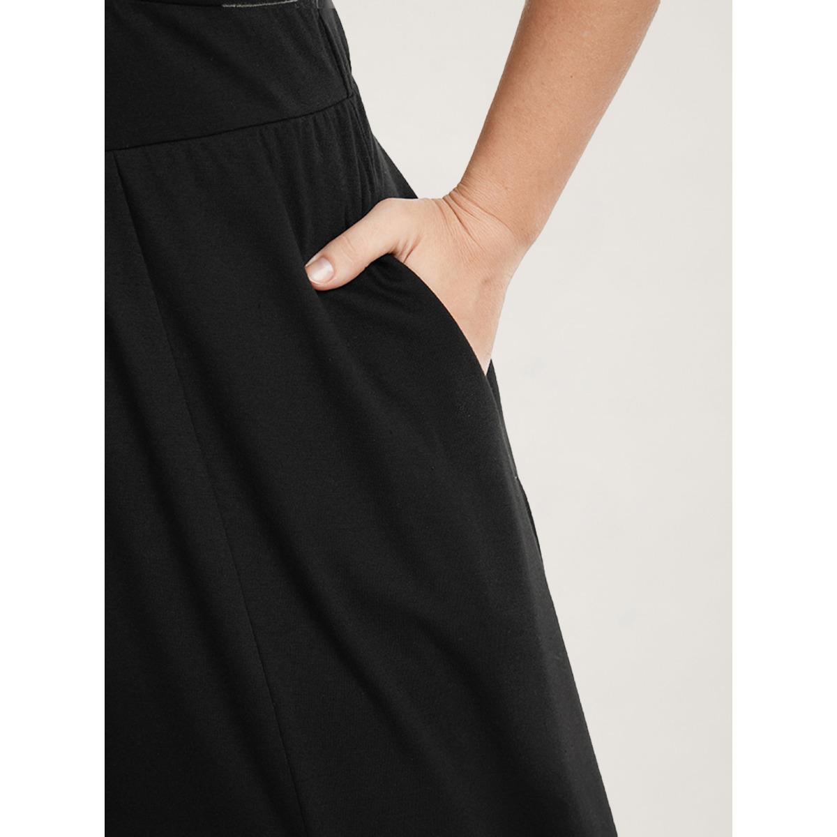 Plus Size Solid Pocket Contrast Lace Split Maxi Dress Black Women Romantic Patchwork V-neck Short sleeve Curvy Long Dress BloomChic 14-16/1X Product Image