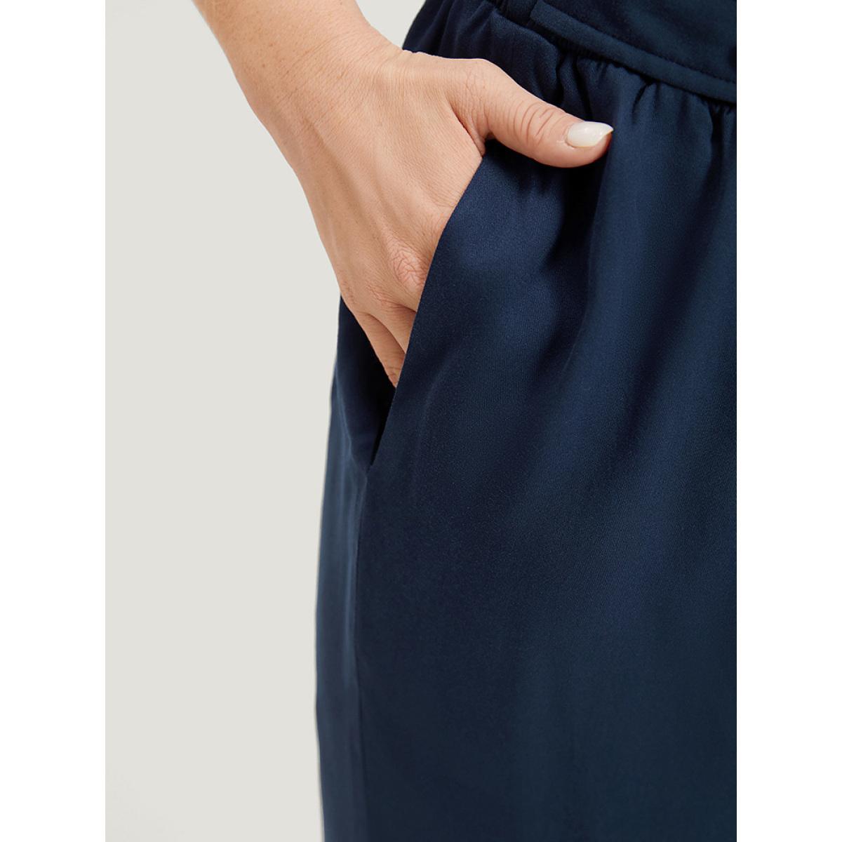 Plus Size Plain Pocket Paperbag Waist Button Detail Pants Women Indigo Elegant Straight Leg High Rise Dailywear Pants BloomChic 10/M Product Image