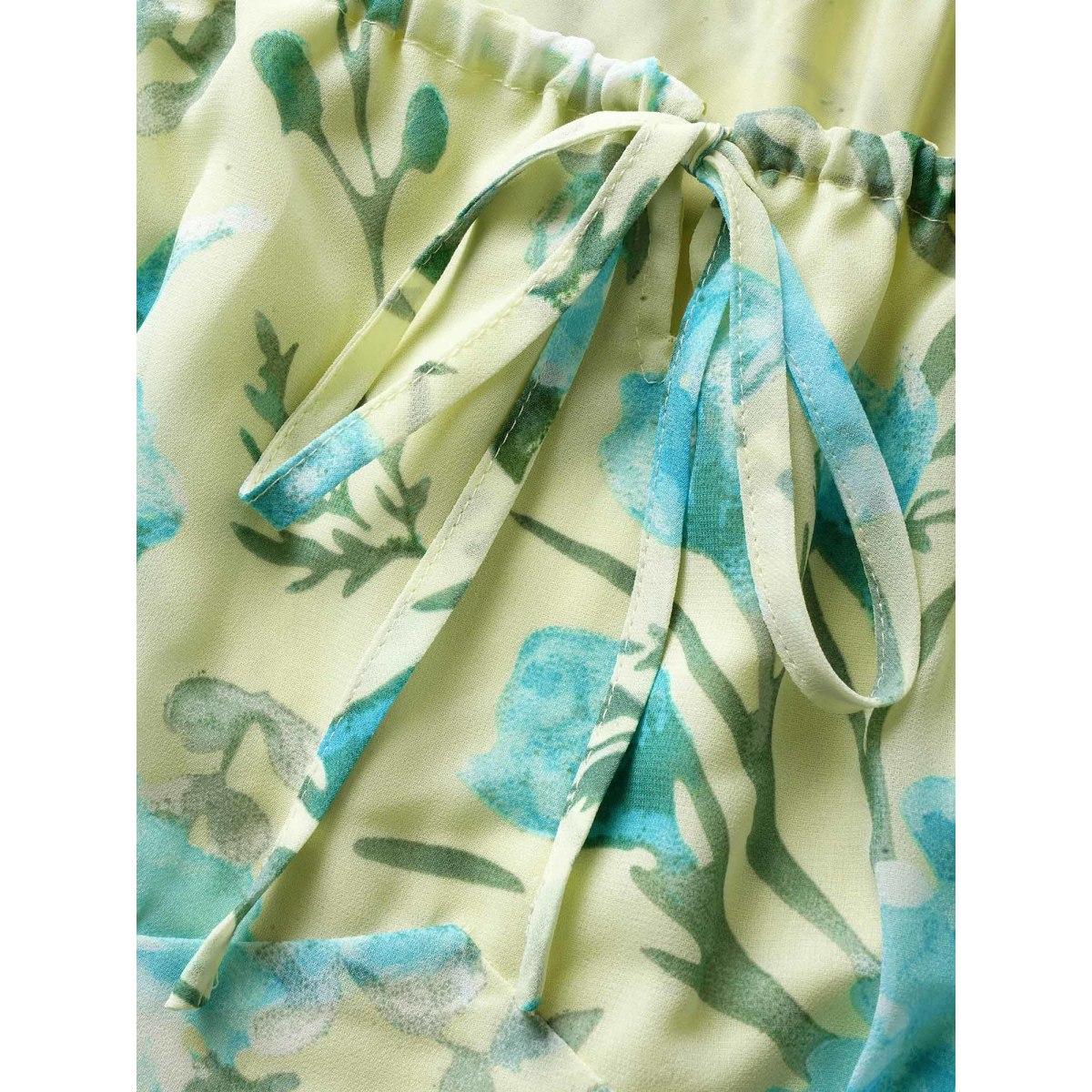 Plus Size Watercolor Floral Drawstring Wrap Hem Dress YellowGreen Women Elegant Drawstring Square Neck Short sleeve Curvy BloomChic 18-20/2X Product Image