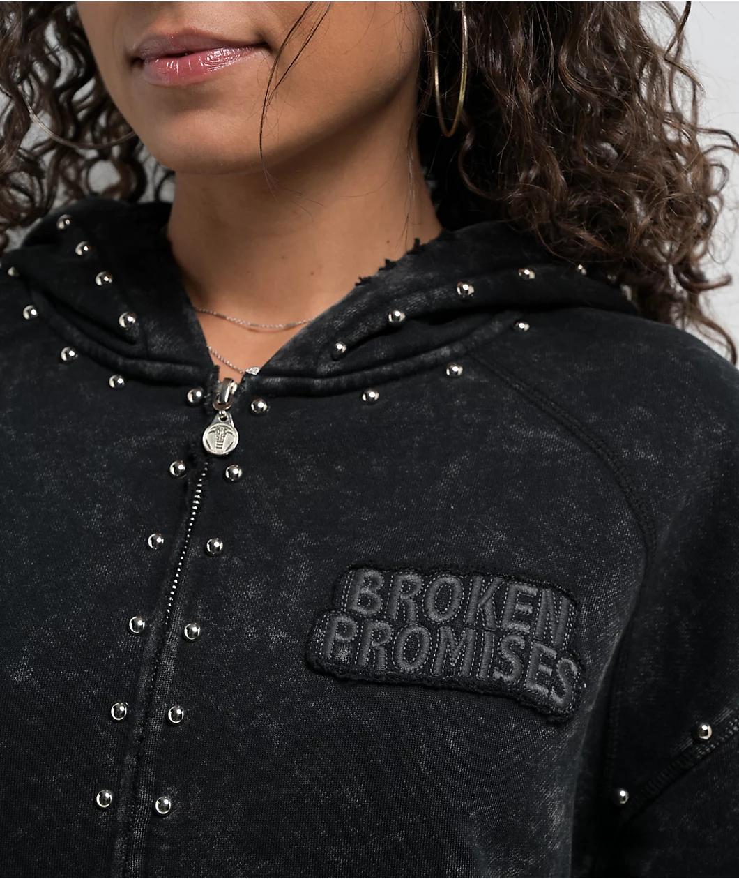 Broken Promises Adorned Black Wash Zip Hoodie Product Image