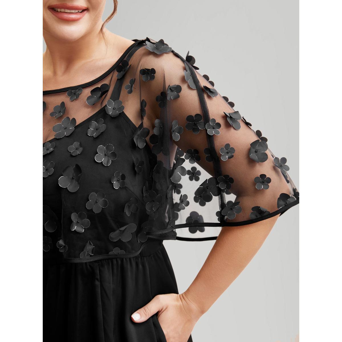 Plus Size Two-Piece Appliques Mesh Shawl Split Hem Dress Black Women Cocktail Texture Round Neck Short sleeve Curvy BloomChic 30/6X Product Image