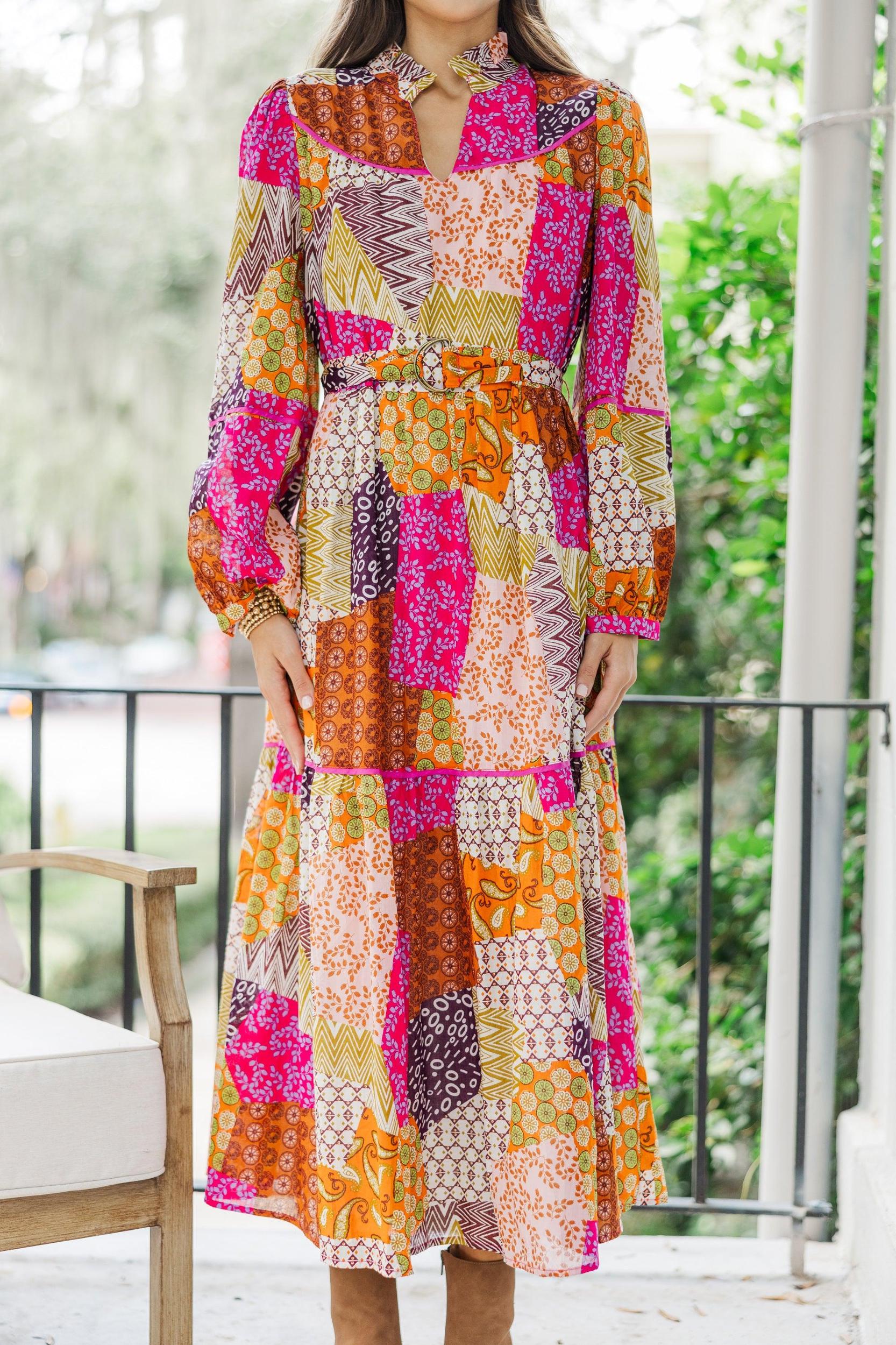 Fate: Happy For You Fuchsia Pink Patchwork Midi Dress Female Product Image